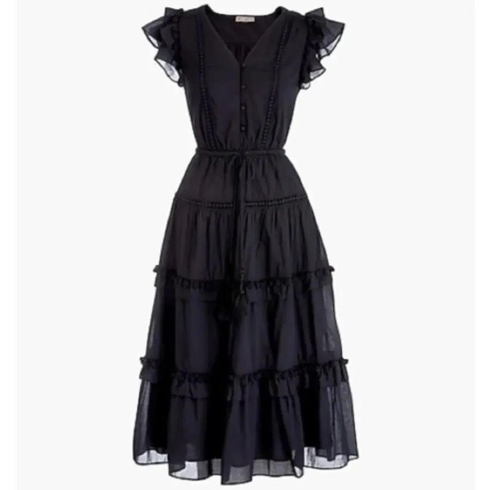 J. Crew Pom-Pom Dress in Cotton Voile Black L2559 Size 4